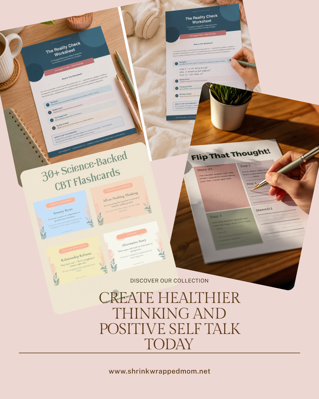 The Anxiety Toolkit 3-piece therapist-designed CBT bundle by Shrink Wrapped Mom, flashcard deck and two worksheets instant digital download