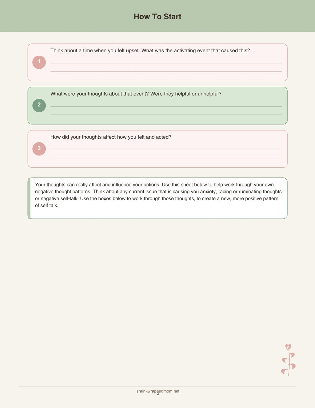 Flip That Thought CBT worksheet PDF showing four-step cognitive reframing process for challenging negative thoughts