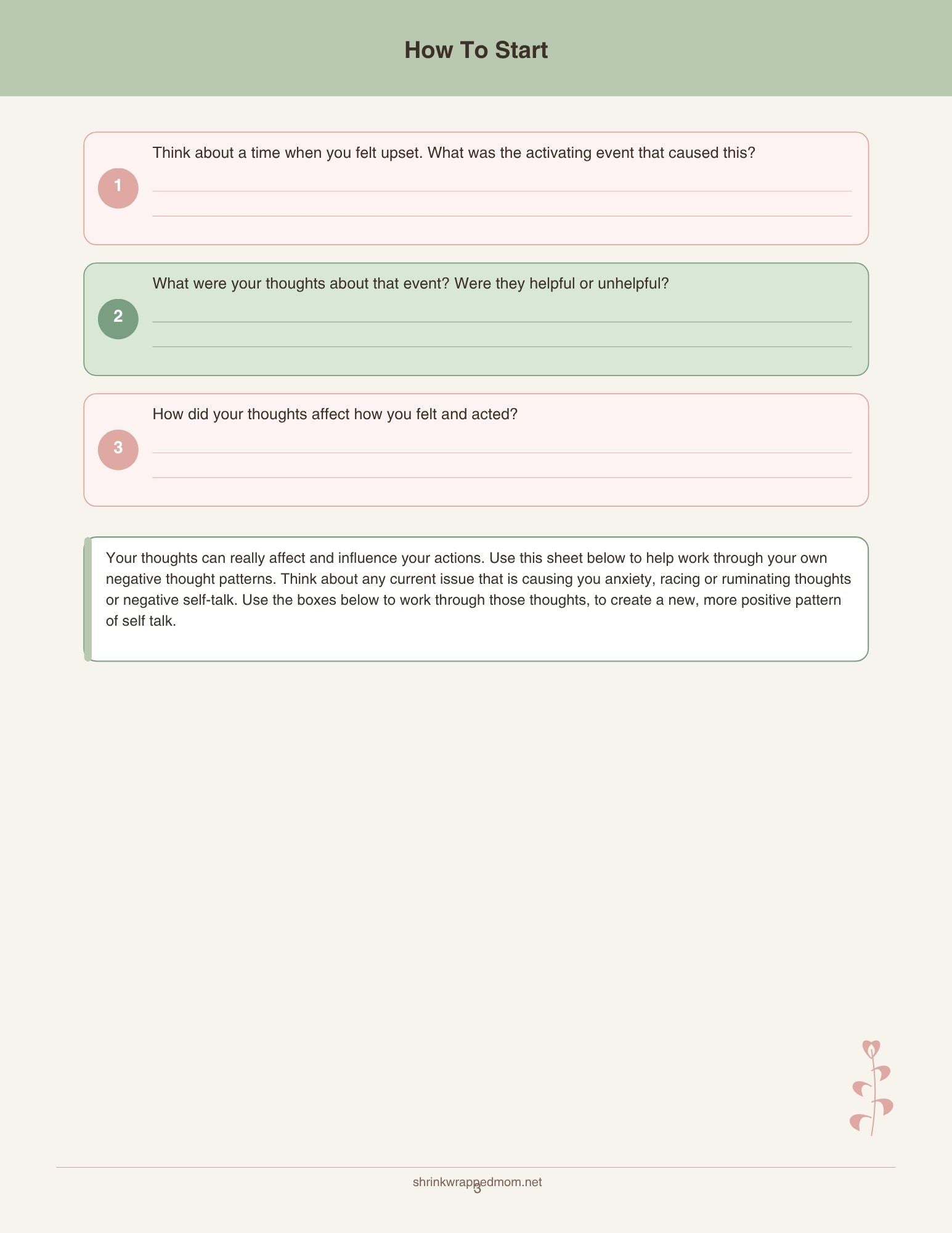 Flip That Thought CBT worksheet PDF showing four-step cognitive reframing process for challenging negative thoughts
