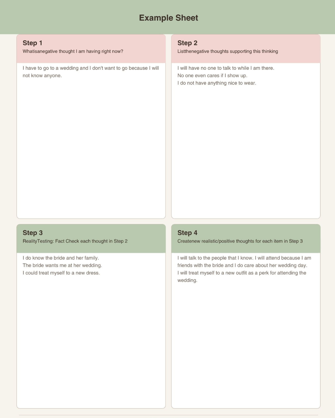 Flip That Thought printable CBT worksheet second page showing positive self-talk replacement process