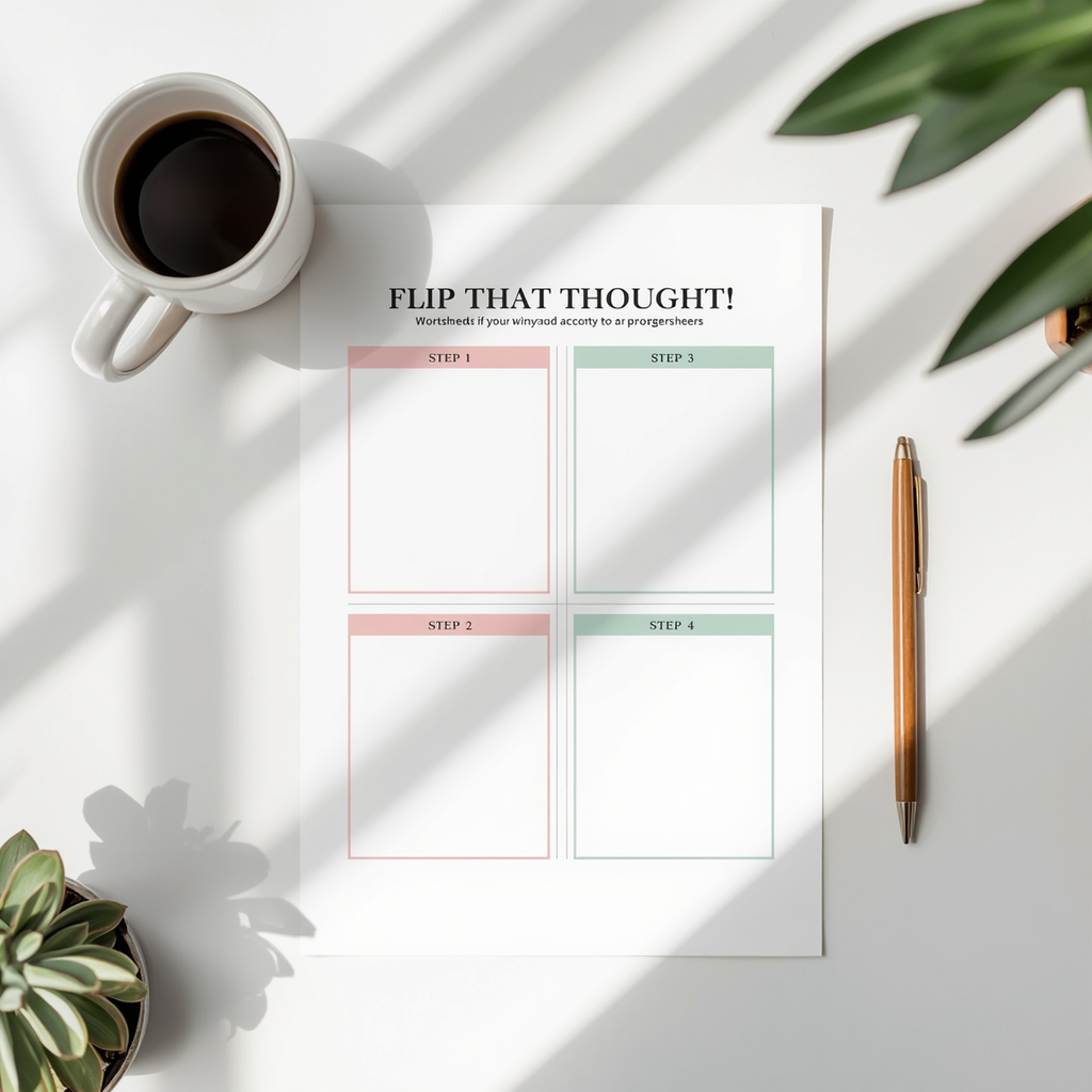Printed Flip That Thought CBT worksheet on desk showing Steps 1 through 4 for cognitive reframing and positive self-talk