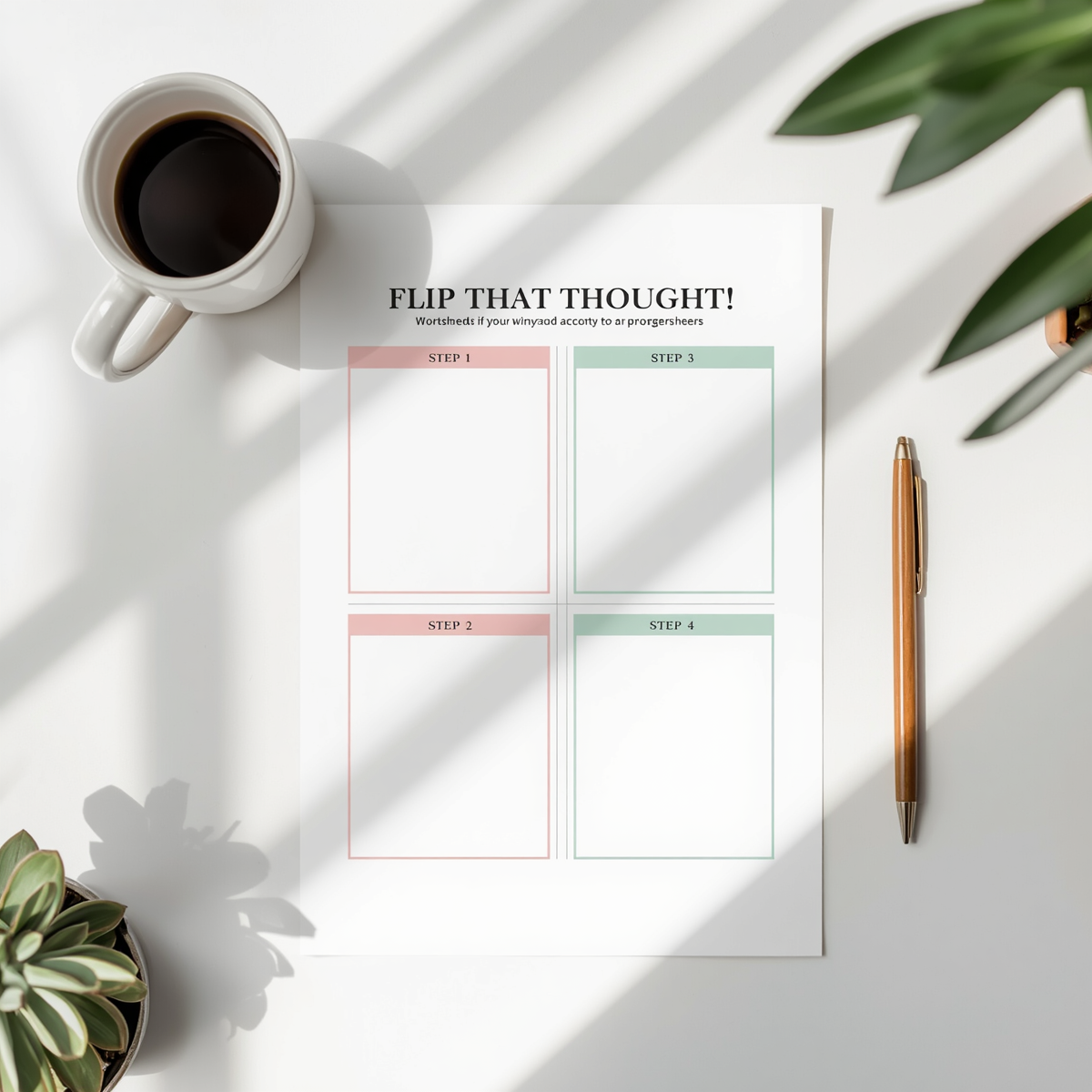 Printed Flip That Thought worksheet from Anxiety Toolkit showing four-step cognitive reframing process