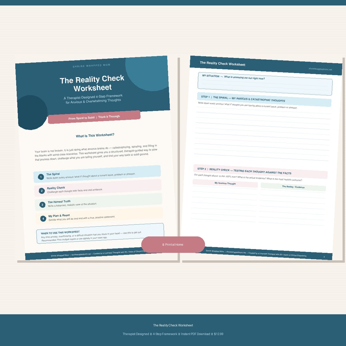 Flatlay mockup of Anxiety Bundle CBT worksheets and flashcard deck for mental health and anxiety relief